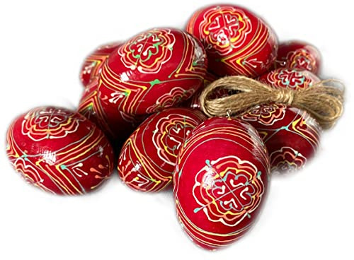 Ukrainisches Kunsthandwerk® 12 Holz Ostereier Weinrot Traditionell – Handbemalt – mit Stabiler Metallöse & separatem Naturfaden – Sofort dekorierfertig – (Weinrot Traditionel)