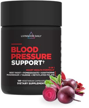 Livingood Daily Blood Pressure Support, Heart Health Supplement for Men & Women with Beet Root, Pomegranate, Hawthorn, Magnesium & Taurine, Cardiovascular Support Formula, Vegan, 120 Capsules