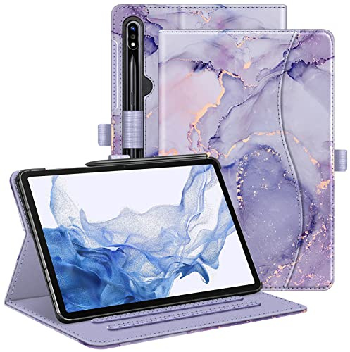 Fintie Schutzhülle für Samsung Galaxy Tab S8 2022/Tab S7 2020 11 Zoll (Modell SM-X700/X706/T870/T875/T878), Multi-Winkel-Viewing Schutzhülle mit Tasche, Auto Sleep/Wake, Lila Marmor