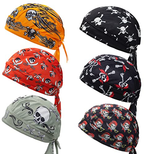 Dew Rag Skull Caps for Men, Cycling Sweat Wicking Doo Rags Head Wrap, Motorcycle Helmet Liner Bandana Do Rags-Skull Cap 6 Pack