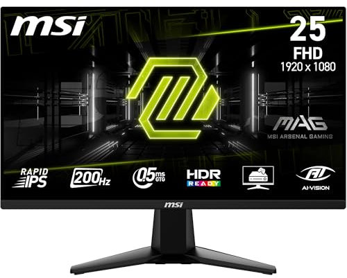MSI MAG 255F E20,24.5-Inch FHD 1920x1080 Gaming Monitor - 200Hz, 0.5ms, HDR ready, AMD FreeSync Premium, Eye care, AI vision, HDMI 2.0b, DP 1.2a, Frame-less, Tilt Adjustable, Vesa Mount, Black