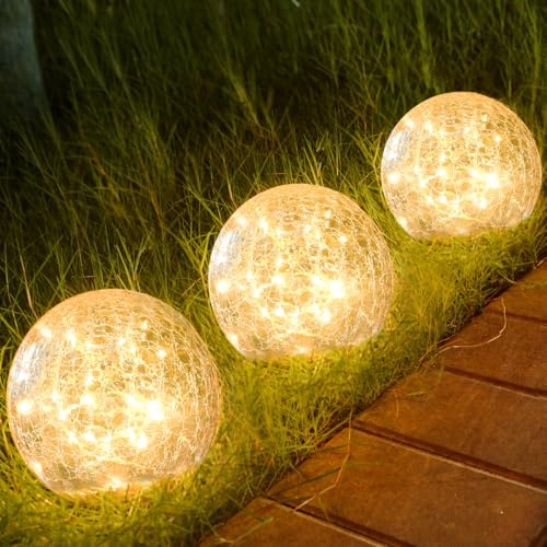 Outdoor Waterproof IP65 Solar Globe Lights, Led Solar Light Balls for Lawn Garden Patio Table Art Decoration, Yard Landscape Illuminated Cracked Glass Sphere Gazing Ball Lights, Round Ornaments Orbs