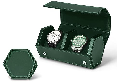 JQUEEN Uhrenbox 2 Uhren, Uhrenrolle Reiseetui, Uhrengehäuse für Herren, Sechseckiges PU Leder Uhrenrolle, Uhrenaufbewahrung Organizer, Abnehmbaren Kissen