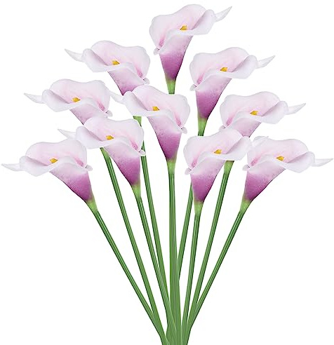 PATIKIL Flores artificiales de lirio de cala de 13 pulgadas, 20 tallos de flores permanentes de imitación para decoración del hogar, centro de mesa de boda, morado y blanco