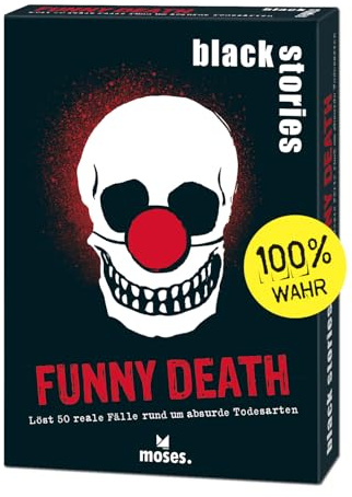 Moses. Black Stories Funny Death - 50 Rätsel mit realen Fällen rund um absurde Todesarten, Krimi Kartenspiel mit Spielvariante und Punktechips, Rätselspiel für Jugendliche und Erwachsene