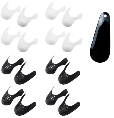 8 Pares de Escudo de Zapatos y 1 Pieza Hebilla de Calzador Kit, Protectores para Zapatillas de Deporte, Arrugas de Zapatos Antiarrugas con Calzador para Hombres Mujeres (Negro, Blanco)