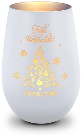 GRAVURZEILE Deko Windlicht aus Glas mit Gravur - Frohe Weihnachten - Personalisiert mit Namen - Geschenke für Frauen und Männer - Personalisiertes Geschenk für Sie & Ihn - Weiß/Silber