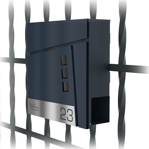 Graviers Design Cassetta delle lettere in antracite RAL 7016 con supporto per recinzione, cassetta postale personalizzata in acciaio inox, numero civico, cassetta delle lettere con serratura,