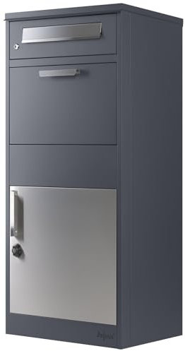 Zelsius Paketbriefkasten | RAL7016 Anthrazit | verzinkter pulverbeschichteter Stahl mit Edelstahl Elementen | Briefkasten mit Paketfach, integrierte Rückholsperre, Bodenmontage | Paketbox, Parcel Box