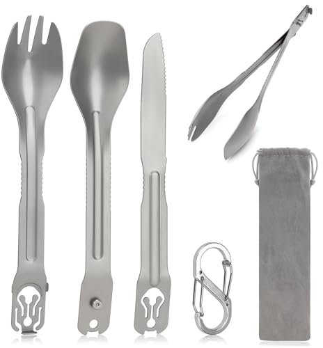 LAHAQIQI 5-in-1 Campingbesteck Abnehmbares, Tragbares Edelstahl-Essbesteck Multitool-Set, Zange, Göffel, Spork, Messer für Outdoor, Reise, Unterwegs, mit Bestecktasche und Karabiner