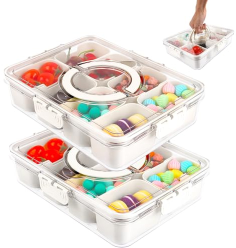 FWEEK 2 piatti da spuntino con scomparti, piatto da spuntino con coperchio, ciotola per snack portatile con coperchio e manico, contenitore per snack con 8 scomparti per feste, viaggi, picnic, 28 x 21