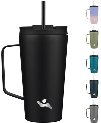 Insulated Tumbler with Handle and Straw, 18 OZ Travel Coffee Mug Stainless Steel Cup Metal Water Bottle,Black