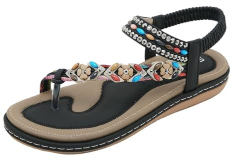 CAFETU Sandalen für Damen, elegant, flach, bequem, Zehenring, böhmische Perlen-Sommerschuhe, orthopädische Strandsandale mit elastischem Knöchelriemen