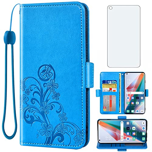 Asuwish Compatible with OPPO Find x3/x3PRO Wallet Case and Tempered Glass Screen Protector Flip Purse Accessories Wrist Strap Credit Card Holder Stand Cell Phone Cover for X 3 3X Pro Women Men Blue