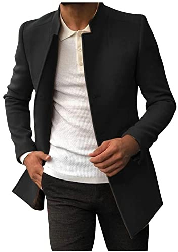 kuiazelit Mens Casual Suit Blazer Jackets Stand Mandarin Collar Trench Coat Woolen Work Business Coats Single Breasted Longline Windbreaker Overcoat Winter Trench Jacket Mid Length Long Sleeve Tops