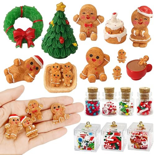 Wichtel Zubehör Weihnachten Ornamente, 22 Stück Puppenhaus Zubehör Weihnachtswichtel Miniatur Set mit Mini Weihnachtsbaum Weihnachtskranz Lebkuchenmann Kekse Wichtel Set Weihnachten Komplett