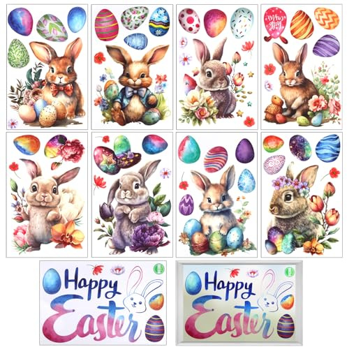 Fensterbilder Ostern Selbstklebend, 9 Blätter Fensterdekoration Ostern mit Hasen und Osterei, 20 x 30cm Fenstersticker Ostern Deko, Fenstersticker Ostern Selbstklebend für Osterdeko und Frühling Deko