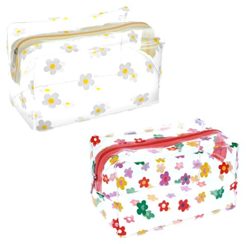 Blumenmuster Kosmetiktasche Durchsichtig, 2 Stück Kosmetiktasche Transparent Cute Makeup Bag Tragbare Cosmetic Bag Kulturbeutel Transparent mit Reißverschluss Waschtasche Damen Schminktisch Zubehör