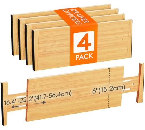 Lifewit 4 Set Bambus Schubladentrenner, Verstellbar Schubladen Trenner für Innenlänge 45 –55cm/17.5-22 & Höhe＞15,2cm, Schubladen Organizer Ordnungssystem für Küche Kleiderschränke Schreibtisch Büro