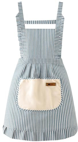 FAIRYGATE Linen Apron Woman Apron with Pockets Stripe Adjustable Cotton Linen Kitchen Chef Bib Apron for Cooking BBQ Baking Gardening Household Cleaning Restaurant A1527