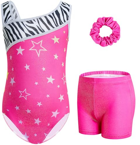 Gogokids Mädchen Drei Teiliges Gymnastikset, Y-Hals Ärmelloser Leotard mit Shorts und Haarband, Ballett Tanzender Leotard Gymnastikoutfit mit Blauem & Purpurfarbenem Farbblockdesign, 3-12 Jahre
