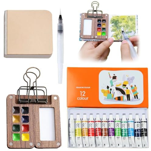 Peelanmall Aquarell-Reise-Set Wasserfarben Tragbar Künstler Aquarell Reise Set tragbares Mini Watercolor Paint Wood Skizzenbuch Maler Clips für Maler Künstler Studenten