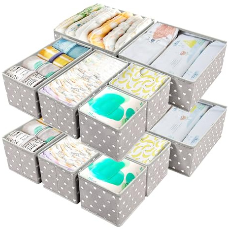 12 Pack Baby Clothes Organizer for Nursery Drawer - Foldable Fabric Dresser Dividers & Storage Bins for Diapers, Onesies, Accessories - Mydou Tidy Grey Heart Decorative Organizers