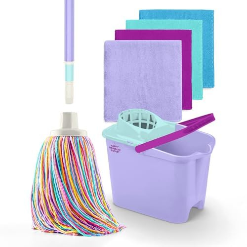 Happy Rainbow - Fregona con Palo Plegable, Cubo y 4 Bayetas de Microfibra Reciclada Set de Limpieza Sostenible para Hogar Suelos y Todo Tipo de Superficies