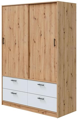 Bricohabitat Armario 2 Puertas Correderas y 4 Cajones Lúmina Dormitorio o Habitación Blanco Artik y Roble Nodi 140x200x60 cm