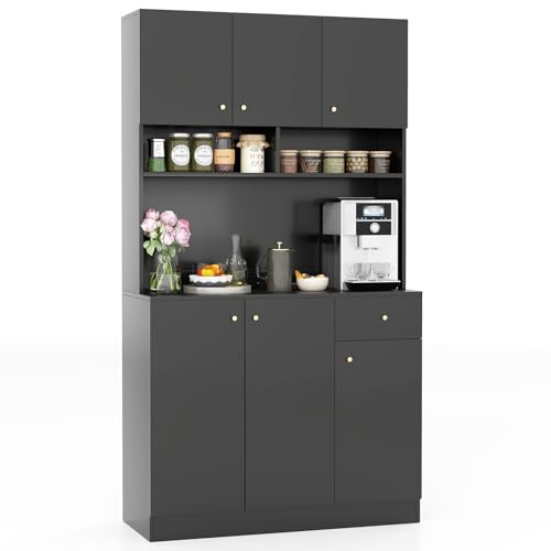 KOMFOTTEU Credenza Alta da Cucina con Stazione di Ricarica, Mobile Dispensa con Cassetto e Porte, Armadietto a Buffet con Ripiani Regolabili, 100x40x181cm, per Sala da Pranzo (In 2 Pacchi) (Nero)