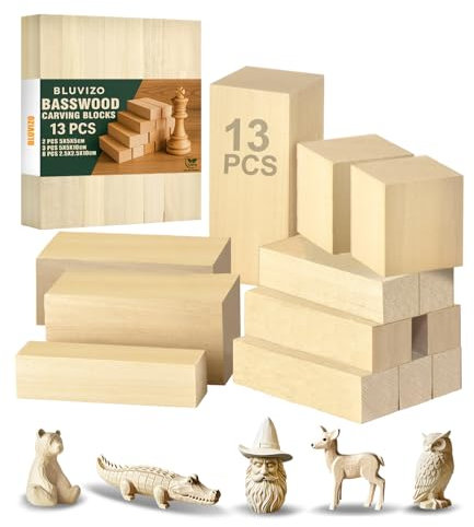 Schnitzholz Set Lindenholz zum Schnitzen: 13 Stück Holzblöcke und Schnitzvorlagen - 3 Größen Unbehandelte Holzblock Holz Rohlinge Basswood zum Holzschnitzen und Basteln für Anfänger