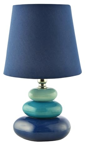 Happy Homewares Modern Ceramic Pebble Table Lamp with Midnight Blue Teal and Duck Egg Colours | Navy Cotton Fabric Shade | 30cm x 18cm