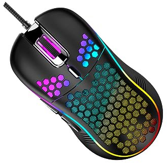 Ratón de Ordenador Cable USB, Diseño Hueco RGB, Negro | Plástico, Ergonomía Flexible, Ventilación para Palmas, Uso en Casa y Oficina