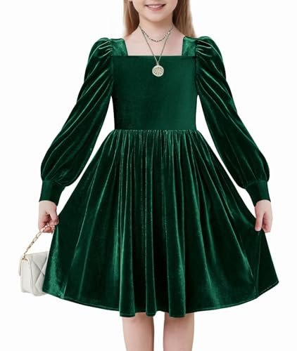 Arshiner Niñas Vestidos Terciopelo Invierno Elegante Festivo con Cuello Cuadrado Mangas de Linterna Casual Manga Larga Vestidos para Niños 13-14 Años Verde