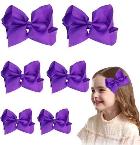 6Pcs Hair Bows For Girls, Large Grosgrain Ribbon Bows Hair Clips Purple Hair Bows, Hair Accessories for Toddler Teens Girls (3Size)