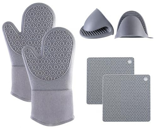 6 Pack Silicone Oven Gloves Set, Heat Resistant Oven Mitts Pair, Silicones Oven Glovess & Mini Oven Gloves, 2 Silicones Pot Holders, Oven Glovess Heat Resistant for Barbecue, Baking, Microwave, Grey