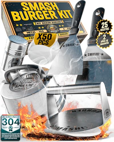 SMASHI® Kit Smash Burger Rostfritt Stål 304 – Smasher, Spackel, Smashlock, Hamburgerpress och Antiklistpapper | Professionellt Kökssats, BBQ och Restaurang (AVANSERAT)