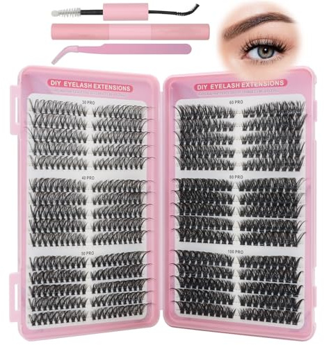 VEGCOO 570pcs Pestañas Postizas Naturales, 30+40+50+60+80+100D Pestañas Pelo a Pelo, 8-16mm DIY Extensiones de Pestañas Individuales, Cluster Lashes Kit de Pestañas Racimo para Principiantes