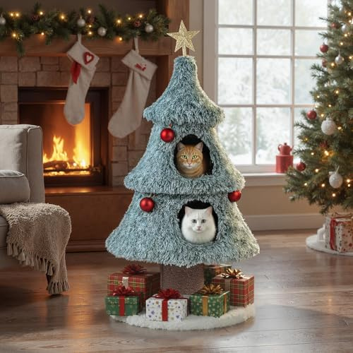 COSTWAY Kratzbaum Weihnachten, Katzenbaum mit 2 Katzenhöhlen, Dicker Stamm, großer Basis, Bällen & Stern-Spitze, Katzenkratzbaum Weihnachtsbaum, Katzenmöbel Indoor, 55 x 123 cm, Grün