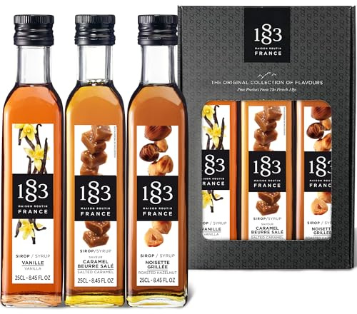 1883 Maison Routin Vanilla, Salted Caramel & Hazelnut Syrup 3pc Gift Set | Flavoured Syrup, For Coffee, Tea, Cocktails, Iced Drinks & Desserts, Made with Pure Cane Sugar, No Artificial Colours, Vegan