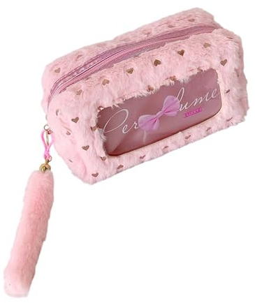 ZYKEJJDDAK Estuche con diseño de lazo con cremalleras, tela de felpa y compartimento espacioso para la escuela y la oficina, estuche de peluche con lazo, b, Mass Beauty