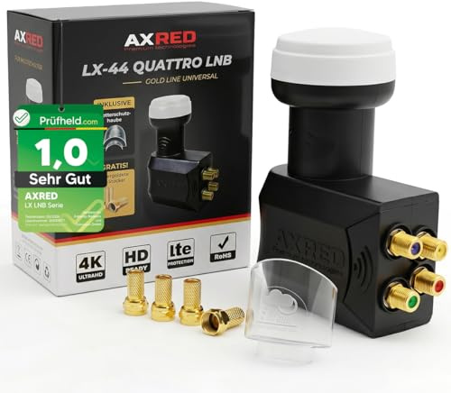 [ Test SEHR GUT, Note 1.0 *] AXRED Quattro LNB + Wetterschutzkappe + 4X F-Stecker für Multischalter Multiswitch, kein Direktanschluss, 4K LMB für Fernseher Sat Receiver Satellitenschüssel