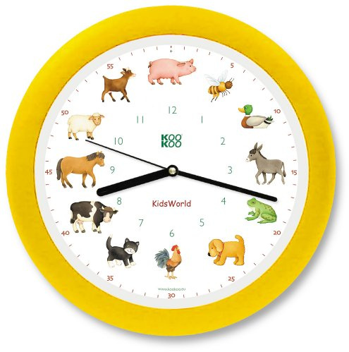 KOOKOO KW4000 KidsWorld gelb, Bauernhofuhr mit 12 echten Tierstimmen, Quarzwerk, 34cm