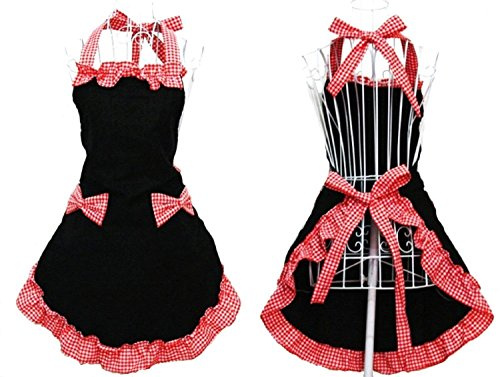 Miya® süße Prinzessin rot Küche Schürze Grillschürze mit rot & weiß Karo Muster kariert Schleife und Taschen aus Baumwolle, süßes Gechenk für Mutter, Frau, Freundin, Tochter, Schwester usw.
