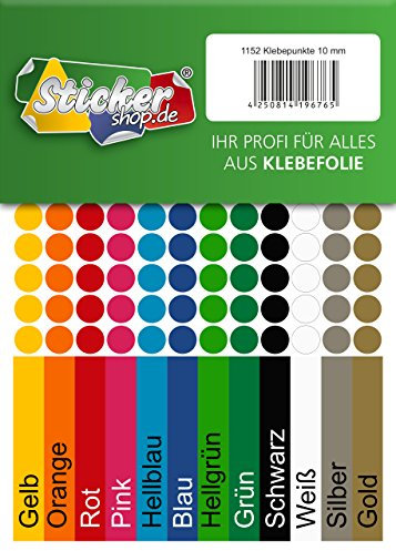 1152 Klebepunkte, 10 mm, je 96 Stück in 12 Farben, aus PVC Folie, wetterfest, Markierungspunkte Kreise Punkte Aufkleber