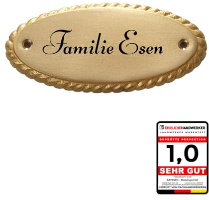 Exklusives EDEL DESIGN OVAL TÜRSCHILD aus massivem Messing mit Einfassung - Personalisierbar mit Wunschgravur - Maße: 10 x 0,5 x 4 cm