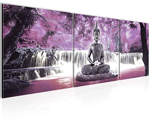 Runa Art - Bilder Buddha Wasserfall 120 x 40 cm 3 Teilig Wandbild auf Vlies Leinwand Violett Lila Mehrteilig Modern 503533c