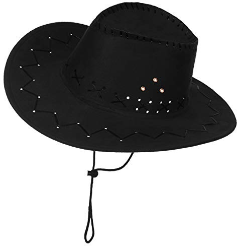 Brandsseller Cowboyhatt – västernhatt för kvinnor och män – mockautseende – karneval och karnevalkostym tillbehör med hakrem – en storlek svart
