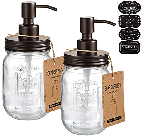 Mason Jar Soap Dispensers –Bronze -Rustproof 304 Stainless Steel Lid &Pump – Great for Hand Soap, Lotions,Dish Liquid Soap,Bath Soap-Farmhouse Décor Bathroom & Kitchen sink(2 Pack)
