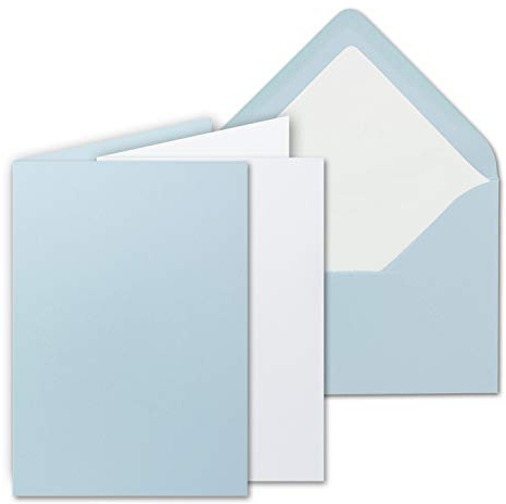 Set di 25 biglietti di grandi dimensioni, colore azzurro (blu), opachi, con 25 biglietti pieghevoli, fogli bianchi e 25 buste foderate, DIN B6, 12 x 17 cm, 120 x 170 mm
